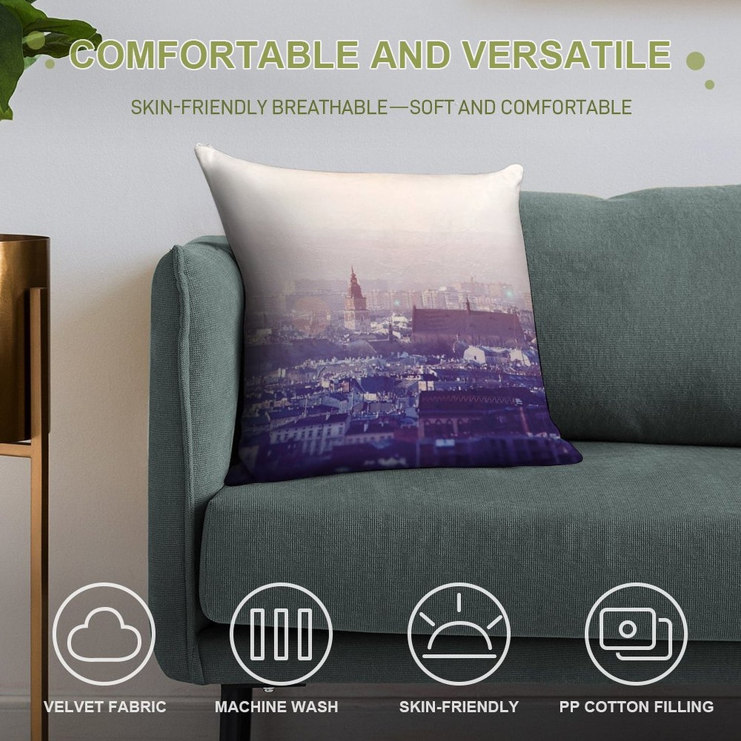 Panoramic View of Old City in Cracow at The Sunset Soft Short Plush Fabric Throw Pillow