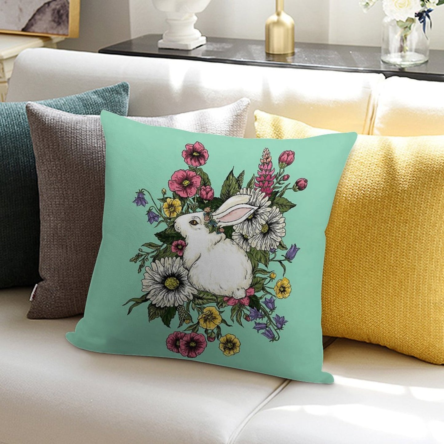Rabbit in Flowers Soft Ultra-Soft Texture Throw Pillow