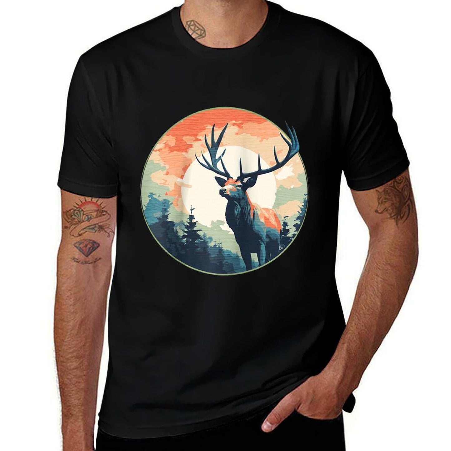 Lunar Stag Silhouette Twilight in The Wilderness Raglan Baseball  Odor-resistant T-Shirt