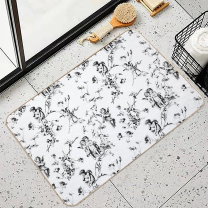 Modern Vintage Cupid Angels Black White Floral Toile  High-Traffic Bath Mat