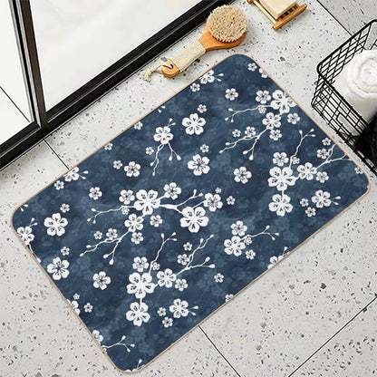 Navy And White Cherry Blossom Pattern  Non-Slip Bath Mat