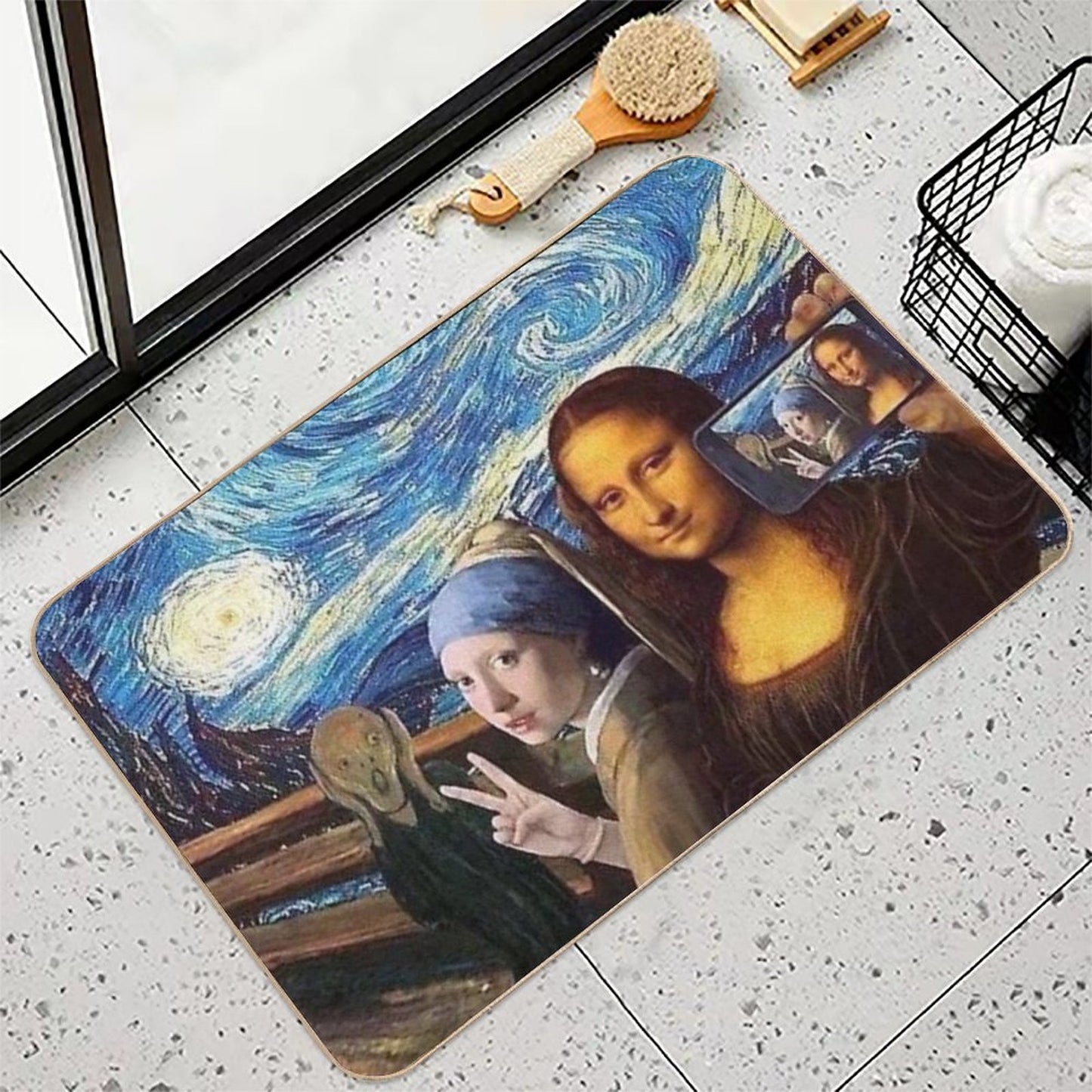 Scream And Selfie of Four Classical Paintings Mash Up - Mona Lisa, Girl with A Pearl Earring, The Scream, The Starry Night  Dirt-Trapping Bath Mat