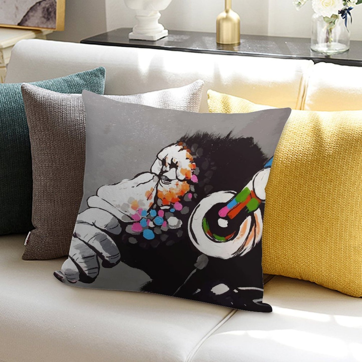 Banksy DJ Monkey Thinker with Headphones Soft Bedroom Essential Throw Pillow
