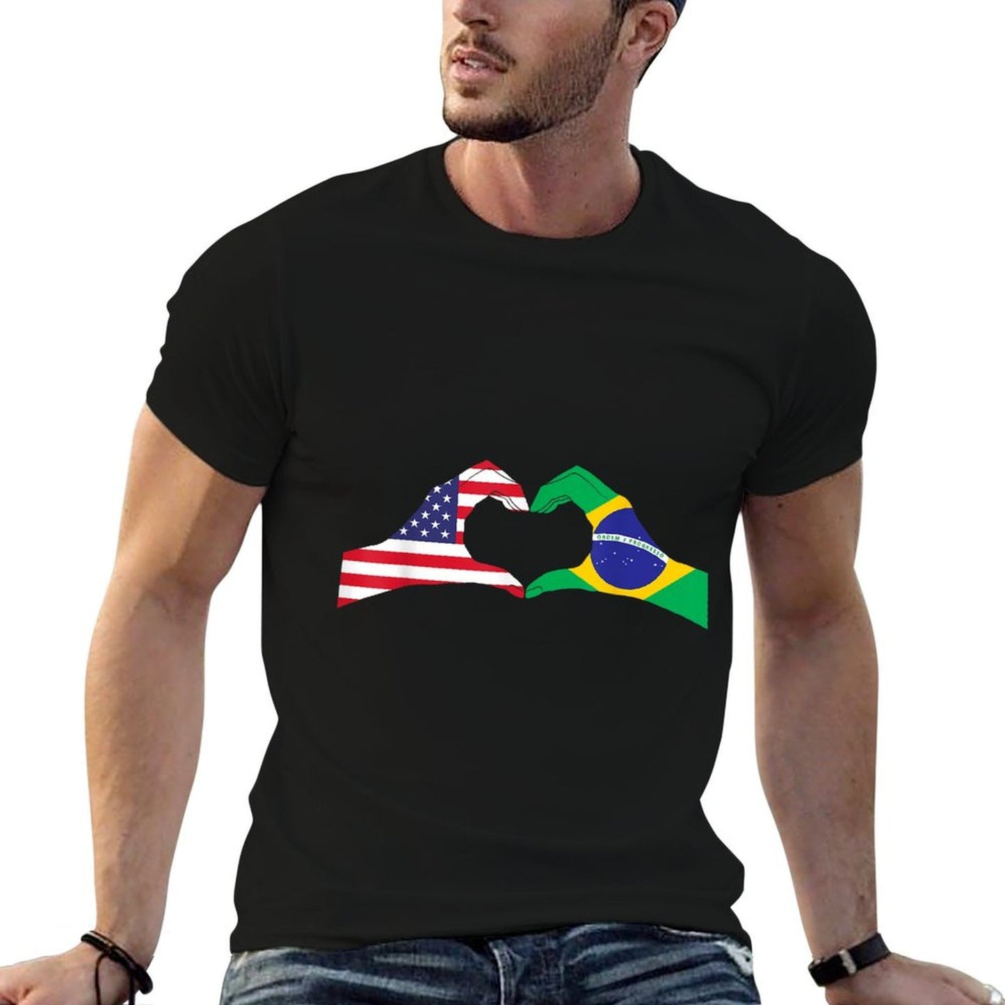 Half Brazilian Half American USA Brazil Culture Patriot Love  Ribbed Collar T-Shirt