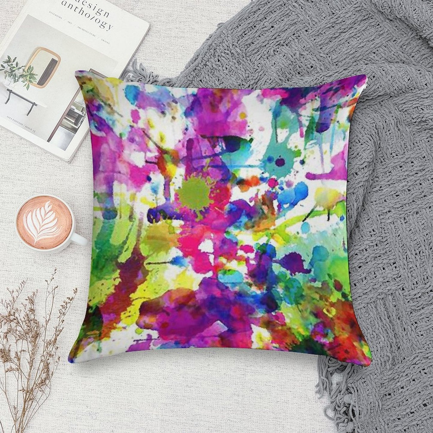 Bright Paint Splatter Squares Soft Reinforced Edging Throw Pillow