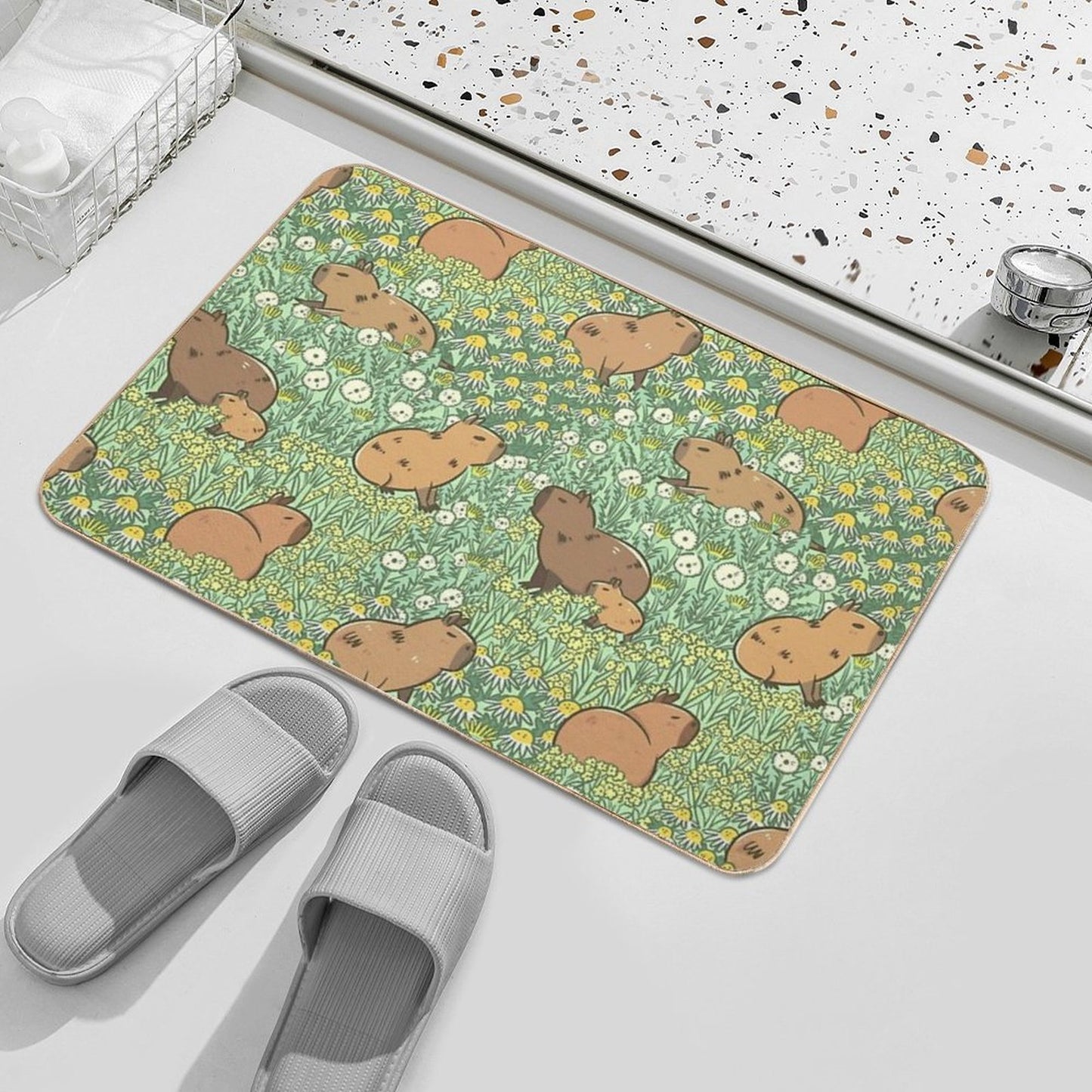 Capybaras Meadow in Green And Yellow  Non-Slip Bath Mat