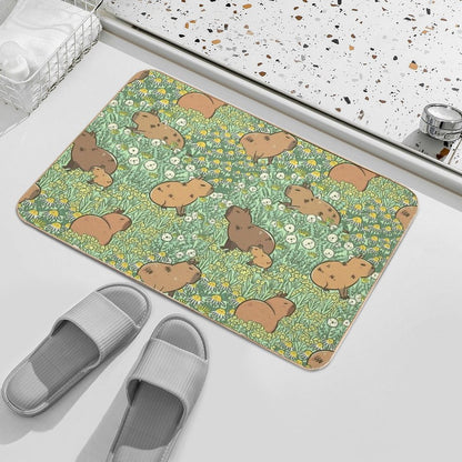 Capybaras Meadow in Green And Yellow  Non-Slip Bath Mat