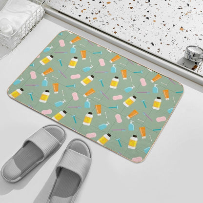Seamless Vector Pattern of Bath Tubes, Bottles, Razers And Sponges Against Olive Tiled Wall  Odorless Bath Mat
