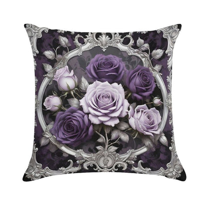 Matte Lilac & Purple Roses With Silver Rococo Soft Shrink-Resistant Throw Pillow