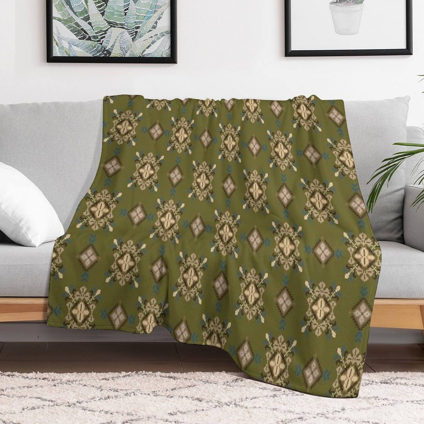 Traditional Ethnic Textile Pattern in Green And Brown Easy Care Throw Blanket