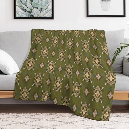Traditional Ethnic Textile Pattern in Green And Brown Easy Care Throw Blanket
