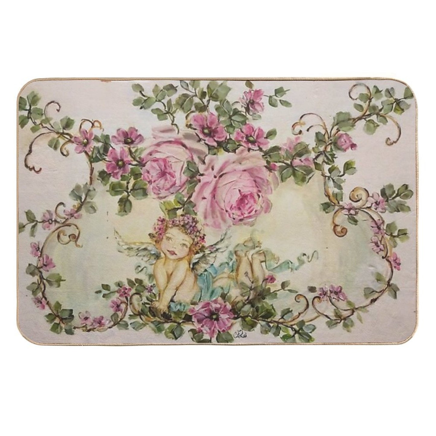 Sweet Cherub And Pink Roses Shabby Chic  Dirt-Trapping Bath Mat