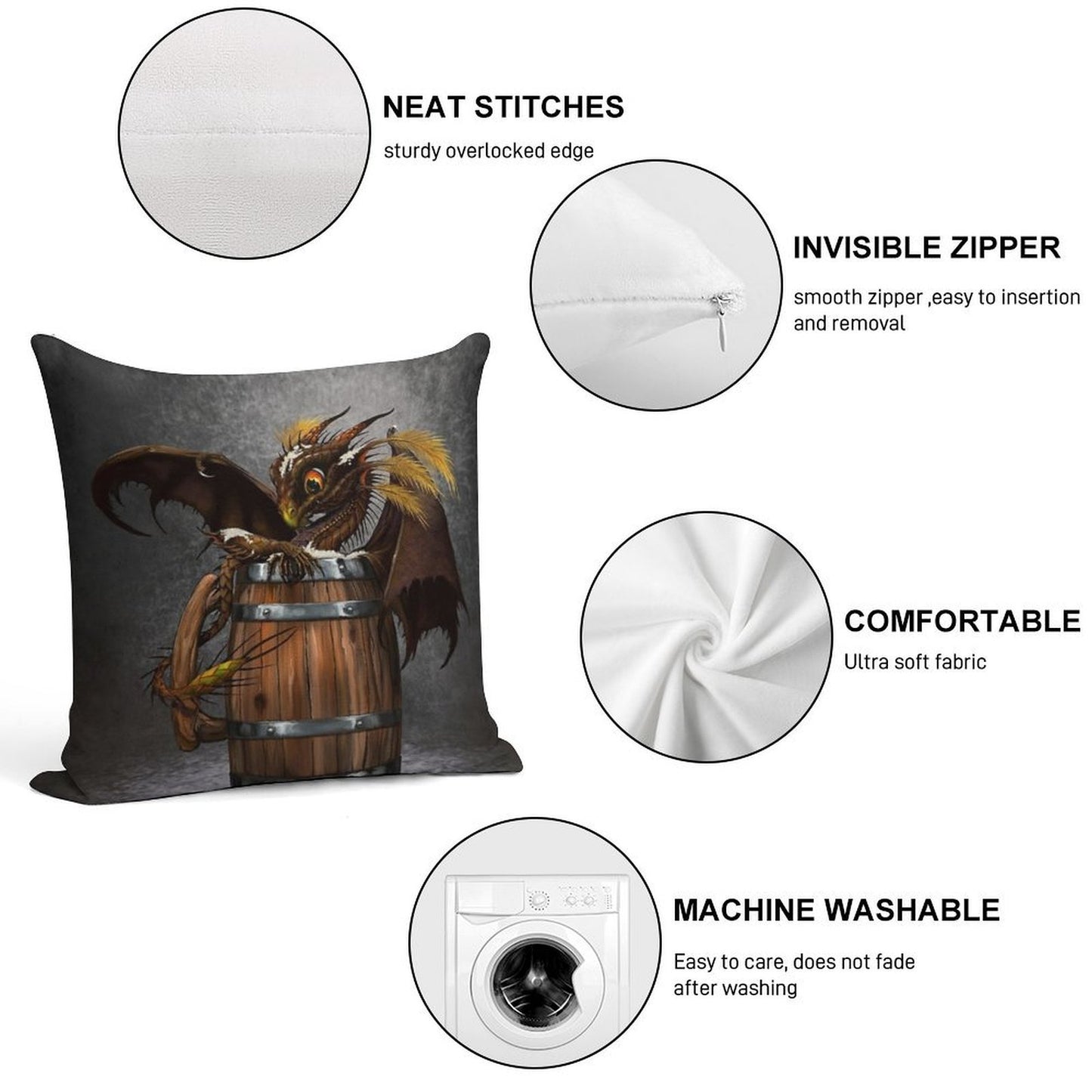 Dark Beer Dragon Soft Hidden Zipper Throw Pillow