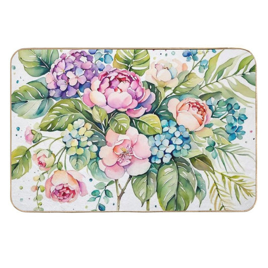 Beautiful Flower And Plant in Loose Watercolor Painting - Monstera Leaves- Blue Purple Peach Hydrangea, Hortensia, Peony And Ros  Pet-Safe Bath Mat
