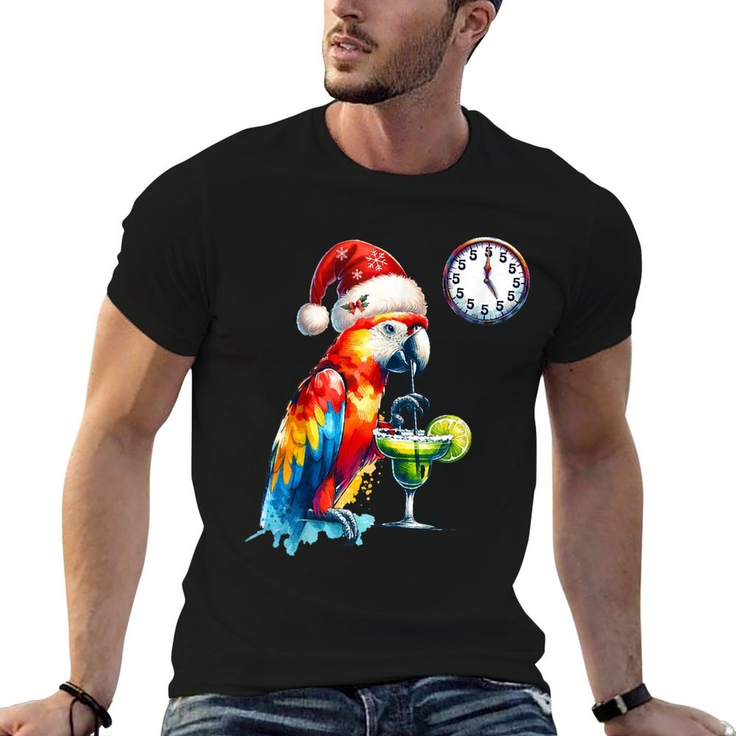 Always 5 Oclock Parrot Drinking Margarita Christmas  Rolled Sleeves T-Shirt