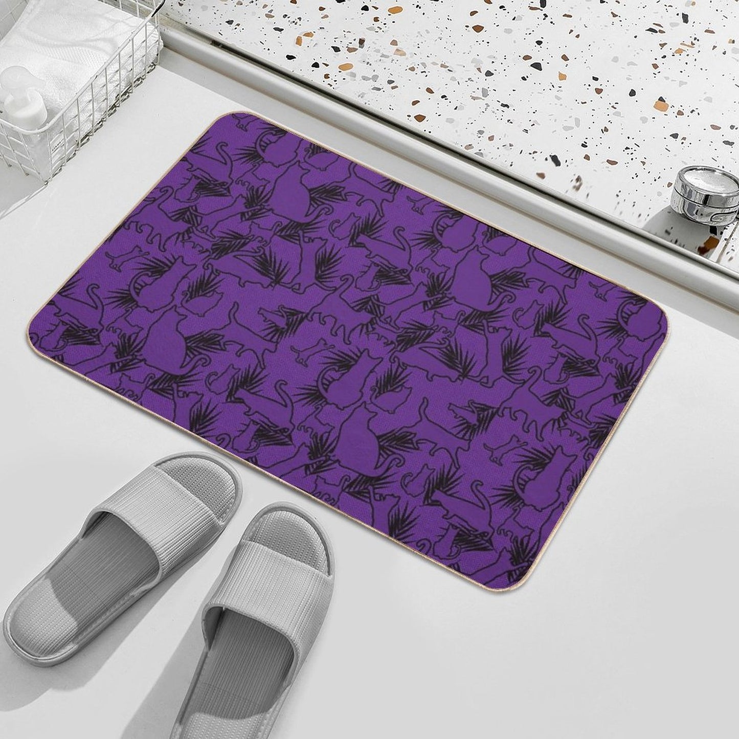 Feral Flora Gothic Cat Pattern with Jungle Flair in Black  Stain-Proof Bath Mat
