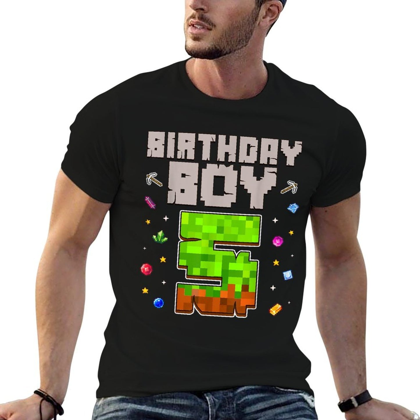 Birthday Boy 5 Kids Pixel Number 5th Birthday Party  Summer-ready Fabric T-Shirt