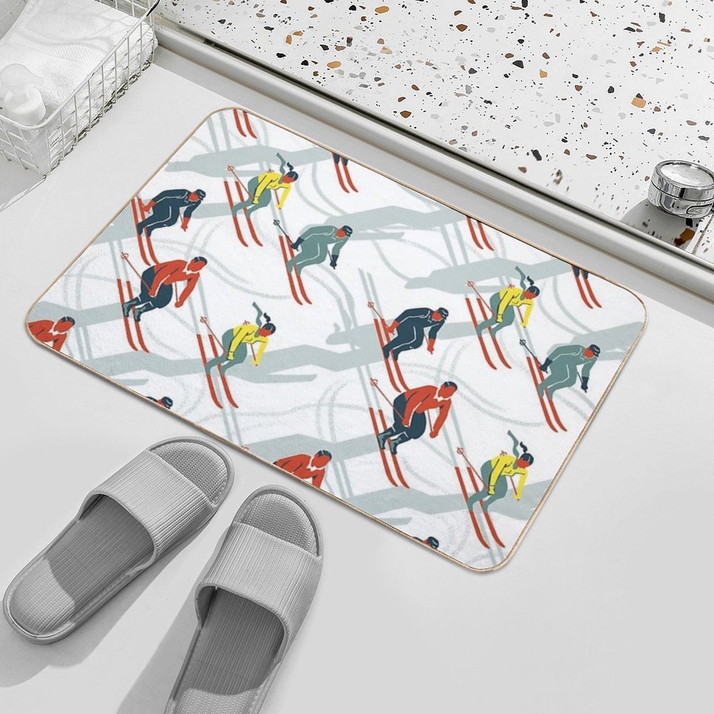 Mid Century Retro Ski Trails in Red, Teal And Yellow  Eco-Friendly Bath Mat