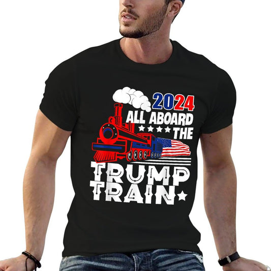Trump 2024 All Aboard The Trump Train USA American Flag  Summer-ready Fabric T-Shirt