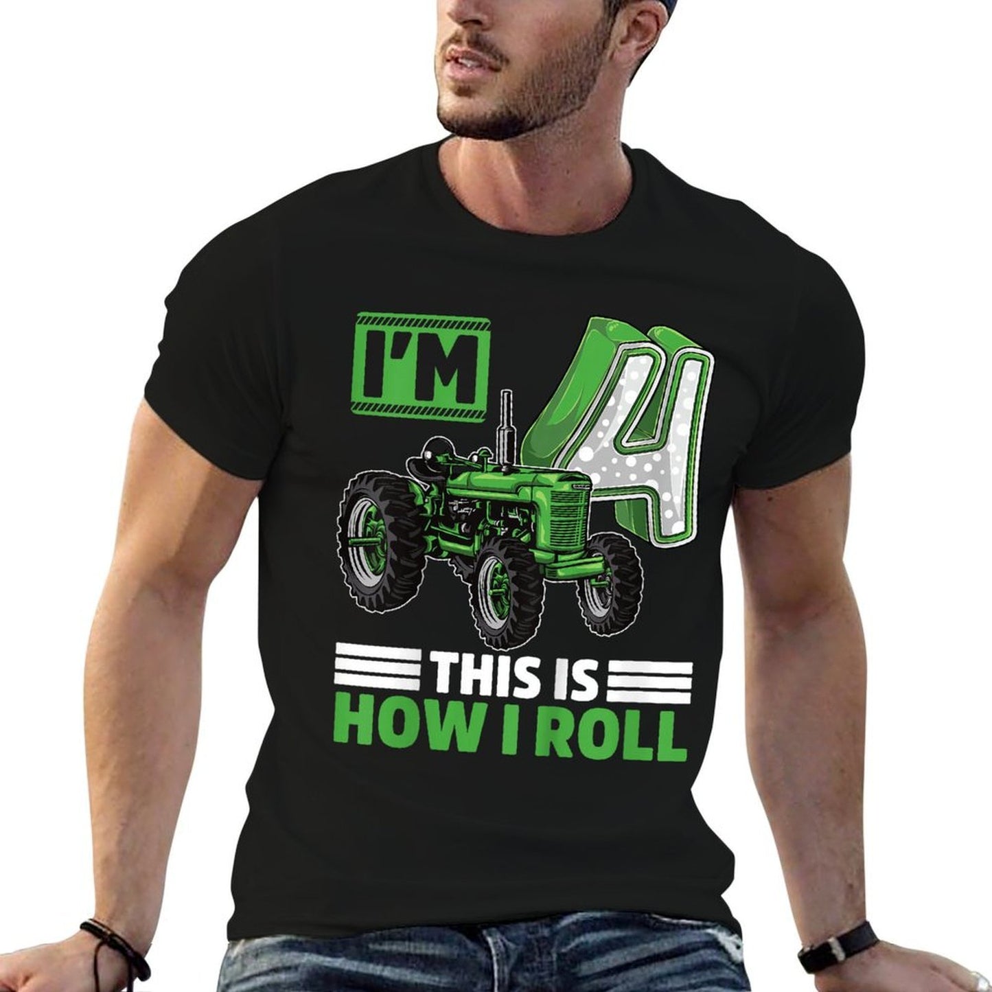 Kids Green Farm Tractor 4th Birthday Party 4 Year Old Farmer  Stretchy T-Shirt