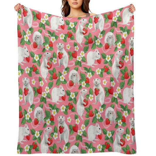 Rats Love Strawberries on Bright Pink Comfort Throw Blanket