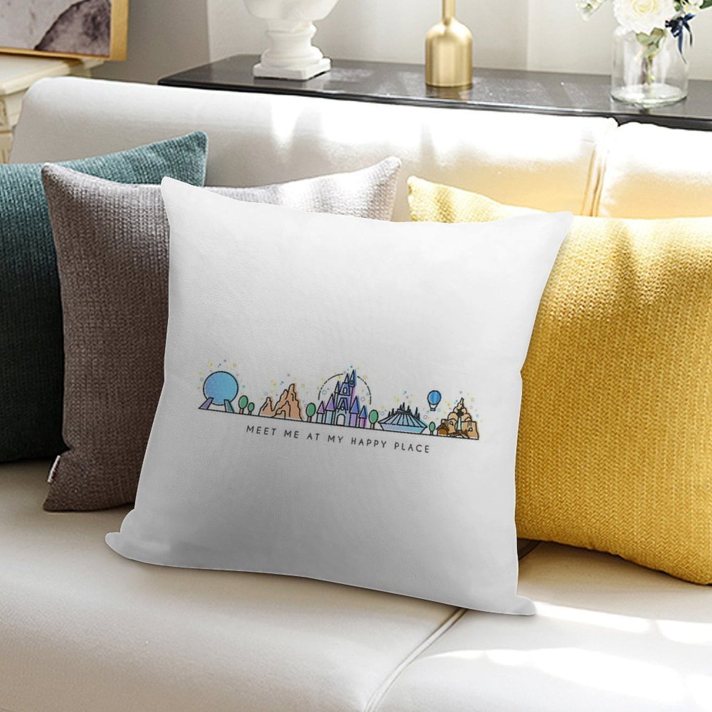 Meet Me at My Happy Place Vector Orlando Theme Park Illustration Design Soft Home Decor Throw Pillow