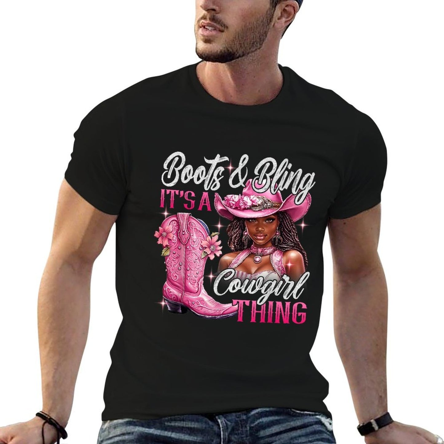 Boots  Bling Its A Cowgirl Thing Pink Black Cowgirl Melanin  Oversized Silhouette T-Shirt