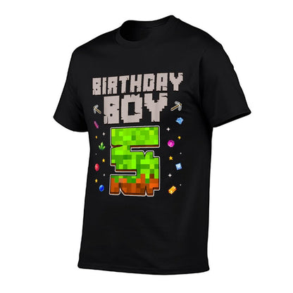 Birthday Boy 5 Kids Pixel Number 5th Birthday Party  Summer-ready Fabric T-Shirt