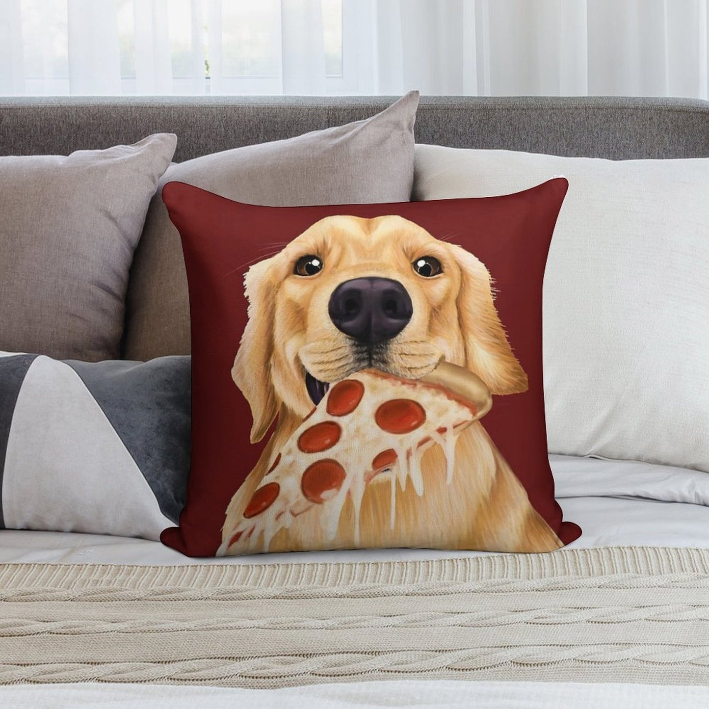 Golden Retriever Eating Pizza - Dog with A Slice of Pizza Soft Shrink-Resistant Throw Pillow