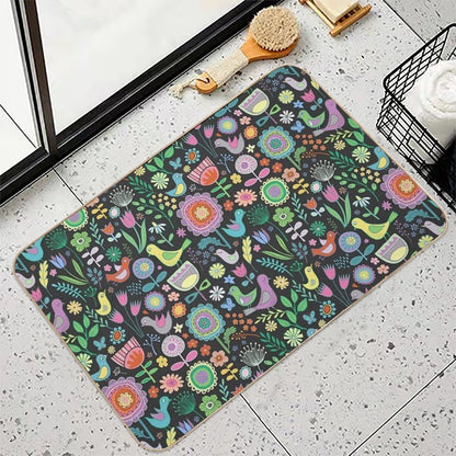 Birds And Blooms - Pastels on Black - Pretty Floral Bird Pattern by Cecca Designs  Slip-Resistant Bath Mat