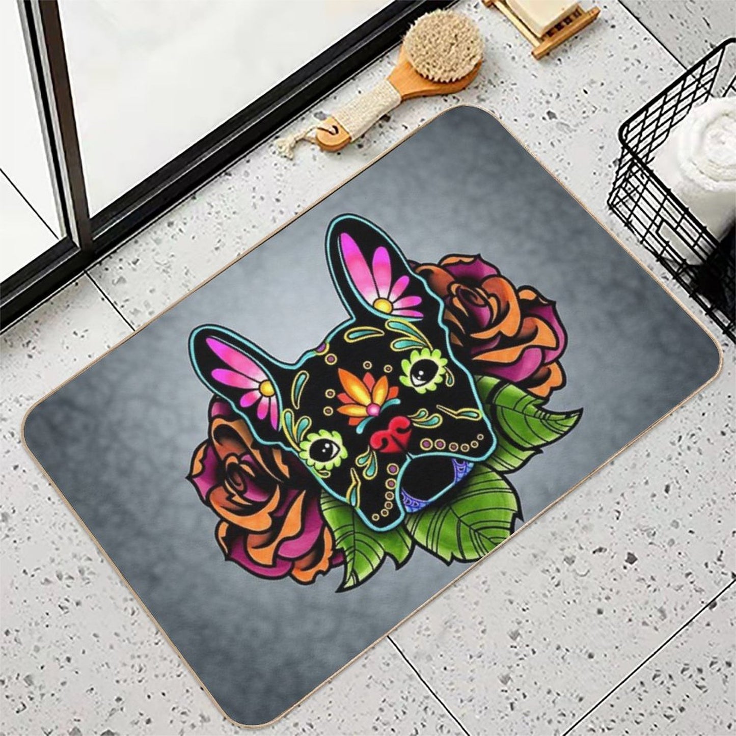Day of The Dead French Bulldog in Black Sugar Skull Dog  High-Traffic Bath Mat