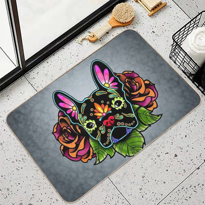 Day of The Dead French Bulldog in Black Sugar Skull Dog  High-Traffic Bath Mat