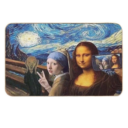 Scream And Selfie of Four Classical Paintings Mash Up - Mona Lisa, Girl with A Pearl Earring, The Scream, The Starry Night  Dirt-Trapping Bath Mat