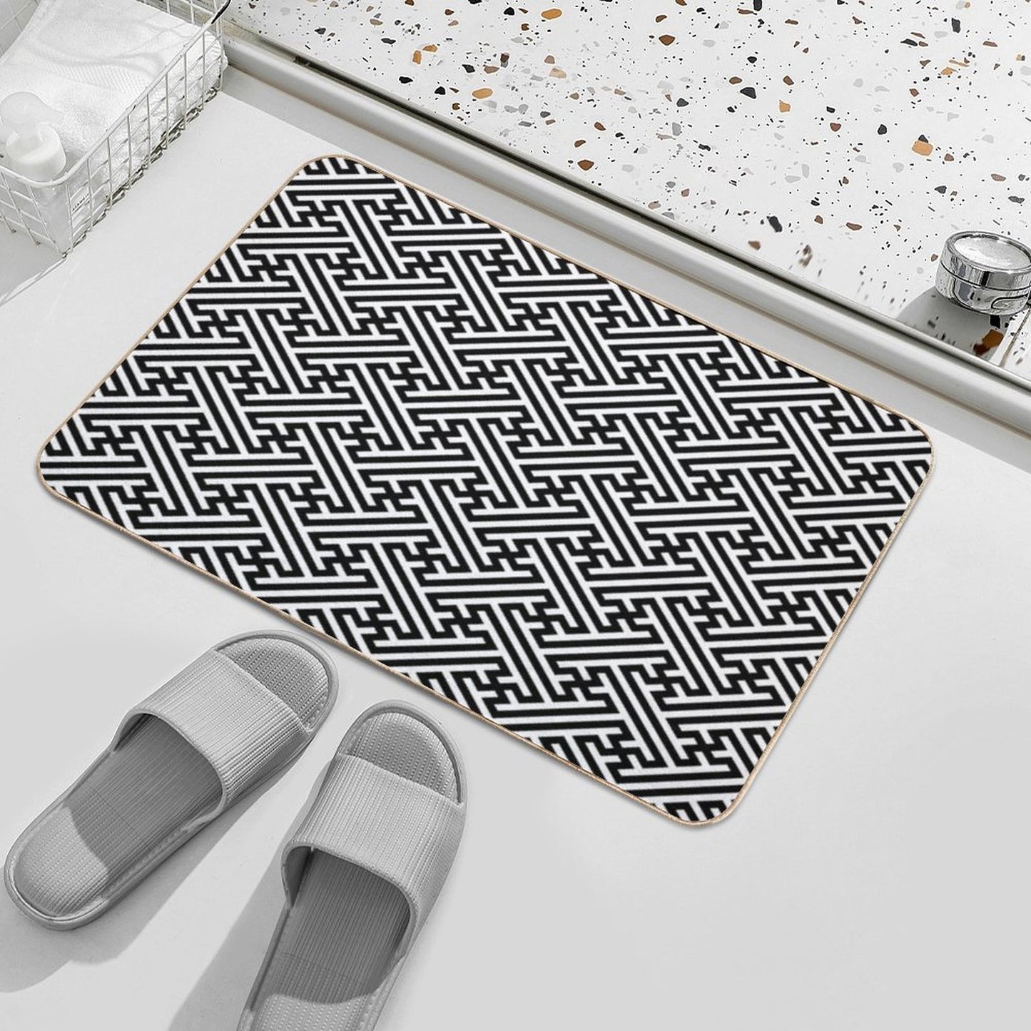 Sayagata - Japanese Traditional Pattern - Black  Slip-Resistant Bath Mat