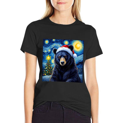Christmas Black Bear Santa Hat Van Gogh Starry Night Holiday  Rolled Sleeves T-Shirt