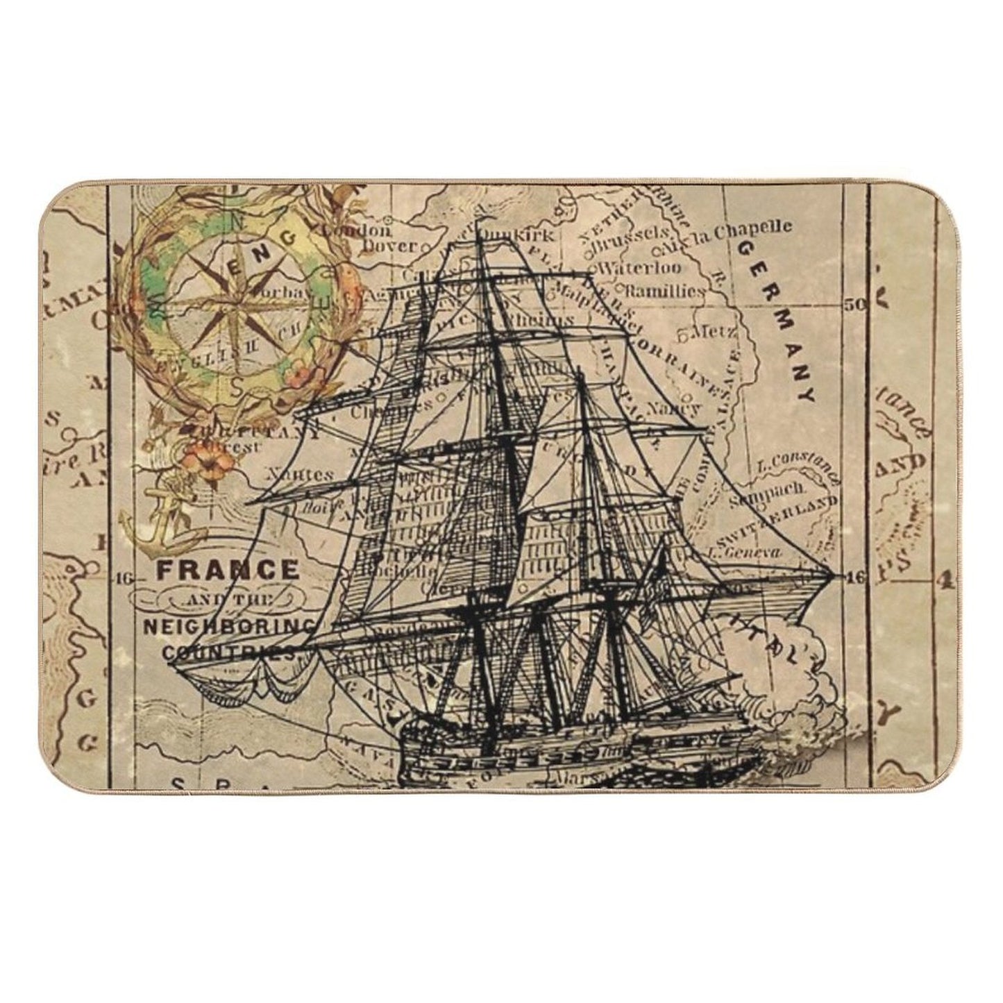 Dark Academia Vintage Pirate Ship Sailor Antique World Map  Stain-Proof Bath Mat