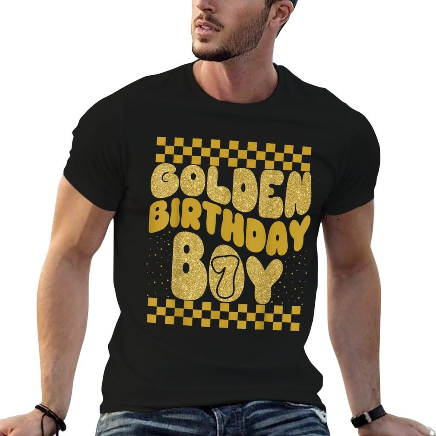 Golden 7th Birthday Boys Toddlers Birthday Party Decoration  Graphic-printed T-Shirt