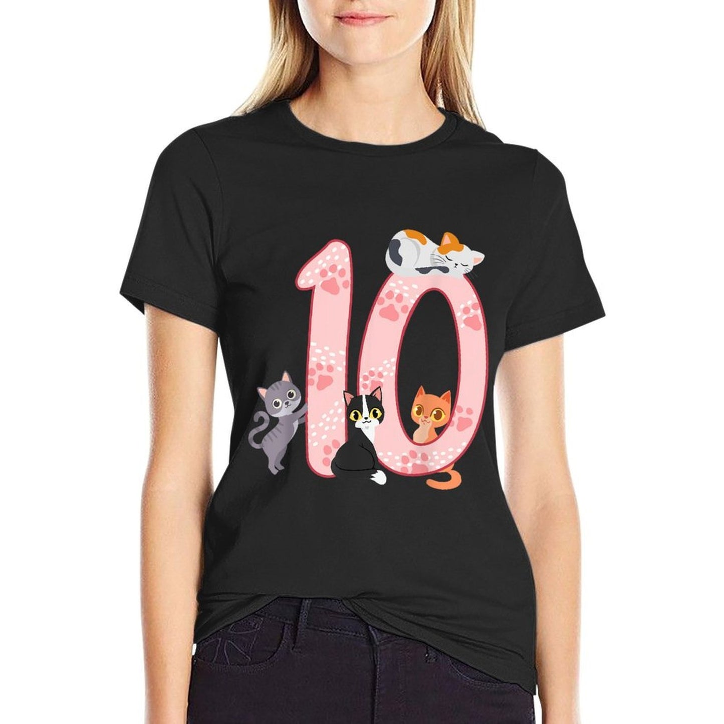 10th Birthday Girl Cat Outfit 10 Years Old  Heathered Texture T-Shirt