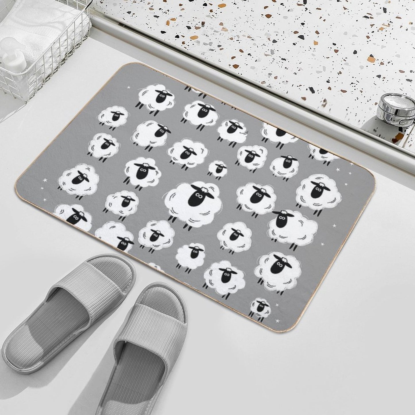 Sheep Well #18 (Gray) - Flock of Sheep - Counting Sheep  Non-Slip Bath Mat