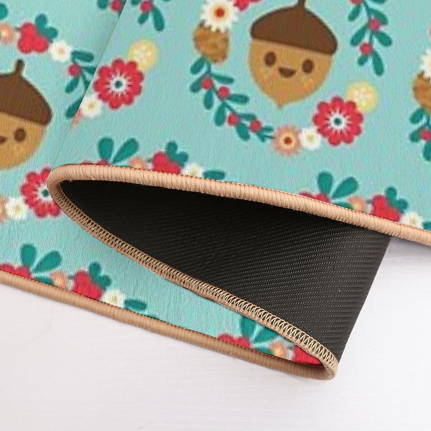 Acorn And Flowers Pattern Design  Blue  Absorbent Bath Mat