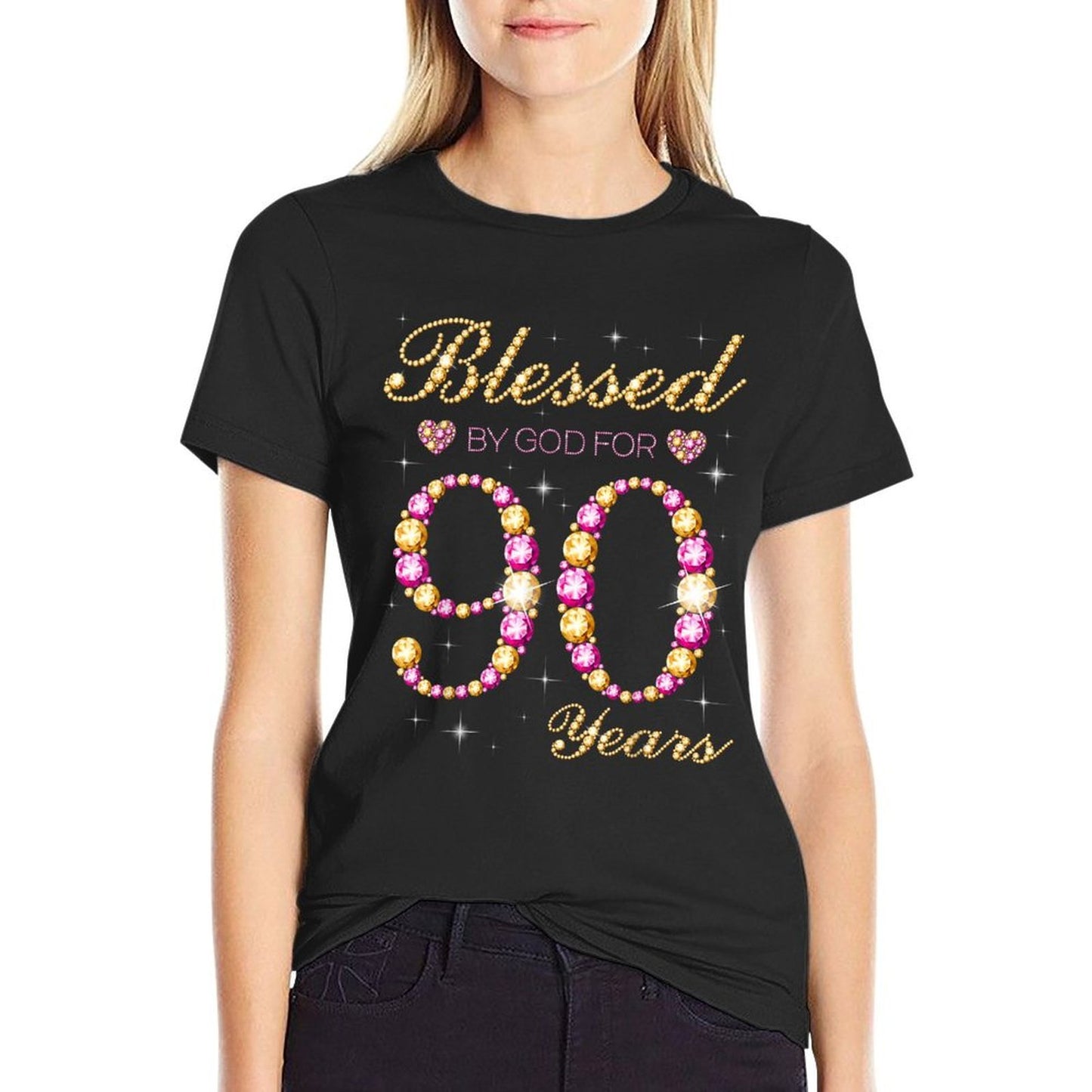 Blessed By God For 90 Years Old 90th Birthday Party  Ribbed Collar T-Shirt
