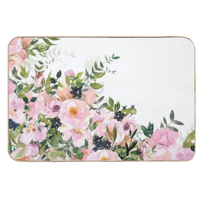 Boho, Floral Watercolor Roses, Pink, White And Green  Non-Slip Bath Mat