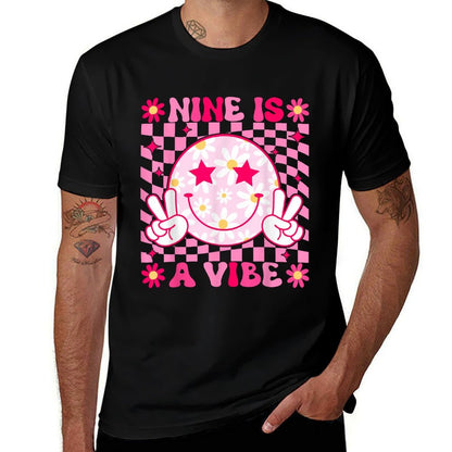 Nine Is A Vibe Birthday Groovy 9 Year Old Girls 9th Birthday  Quick-drying T-Shirt