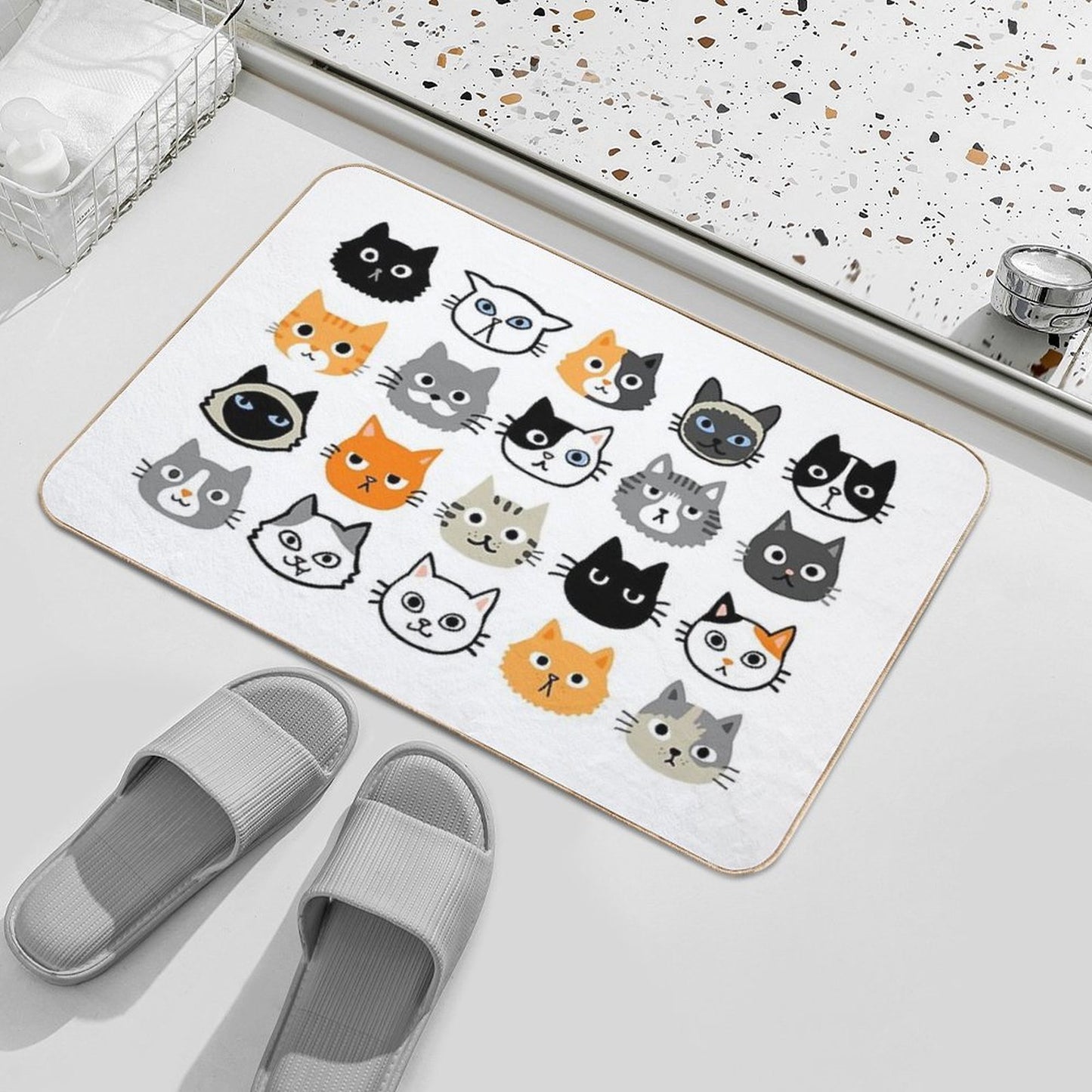 Assorted Cat Faces  Cute Quirky Kitty Cat Drawings  Non-Slip Bath Mat
