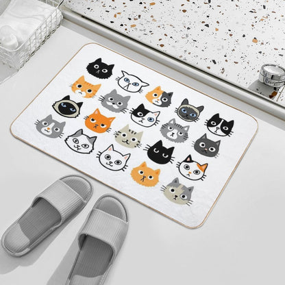 Assorted Cat Faces  Cute Quirky Kitty Cat Drawings  Non-Slip Bath Mat