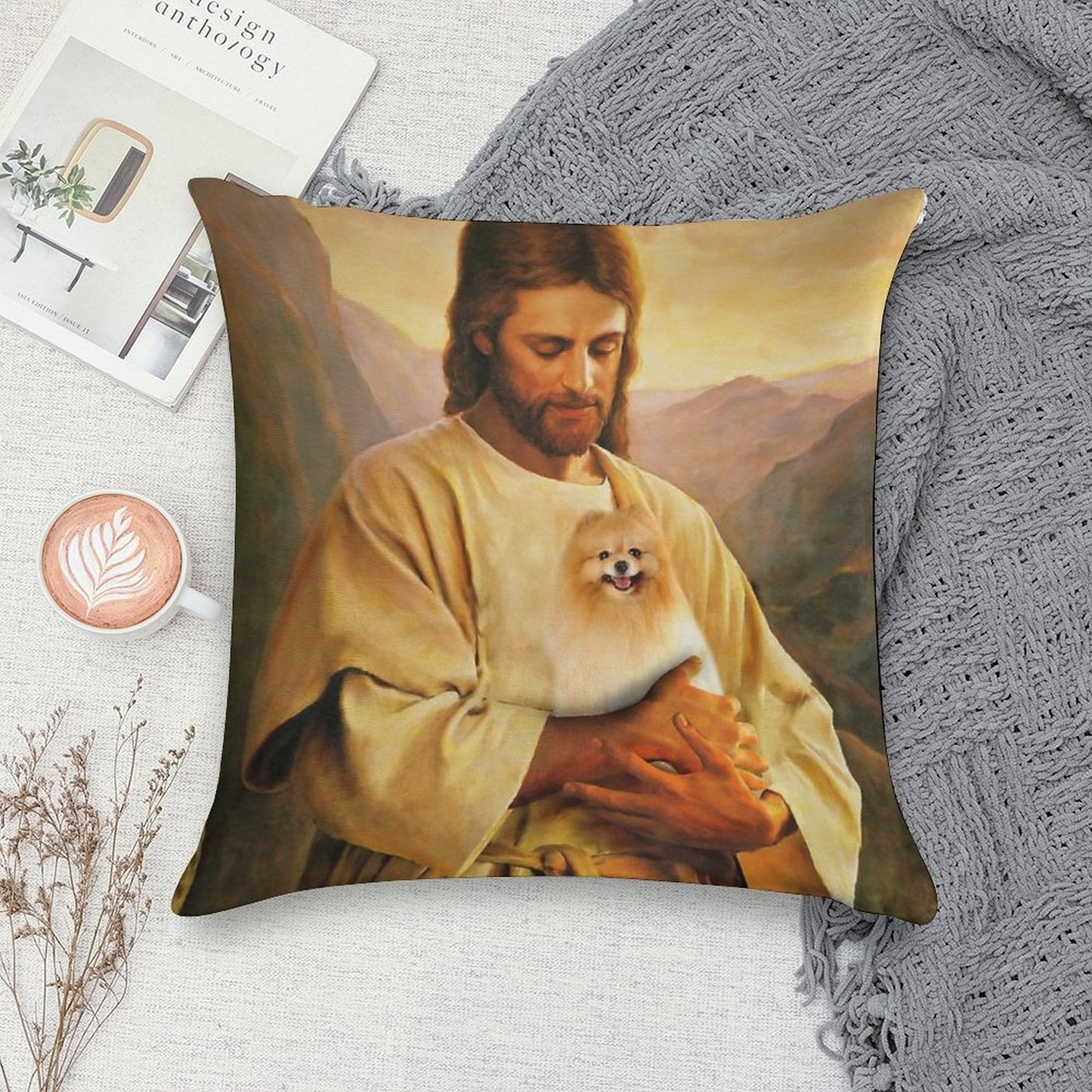 Pomeranian Dog And Jesus Lover Soft Decorative Cover Throw Pillow
