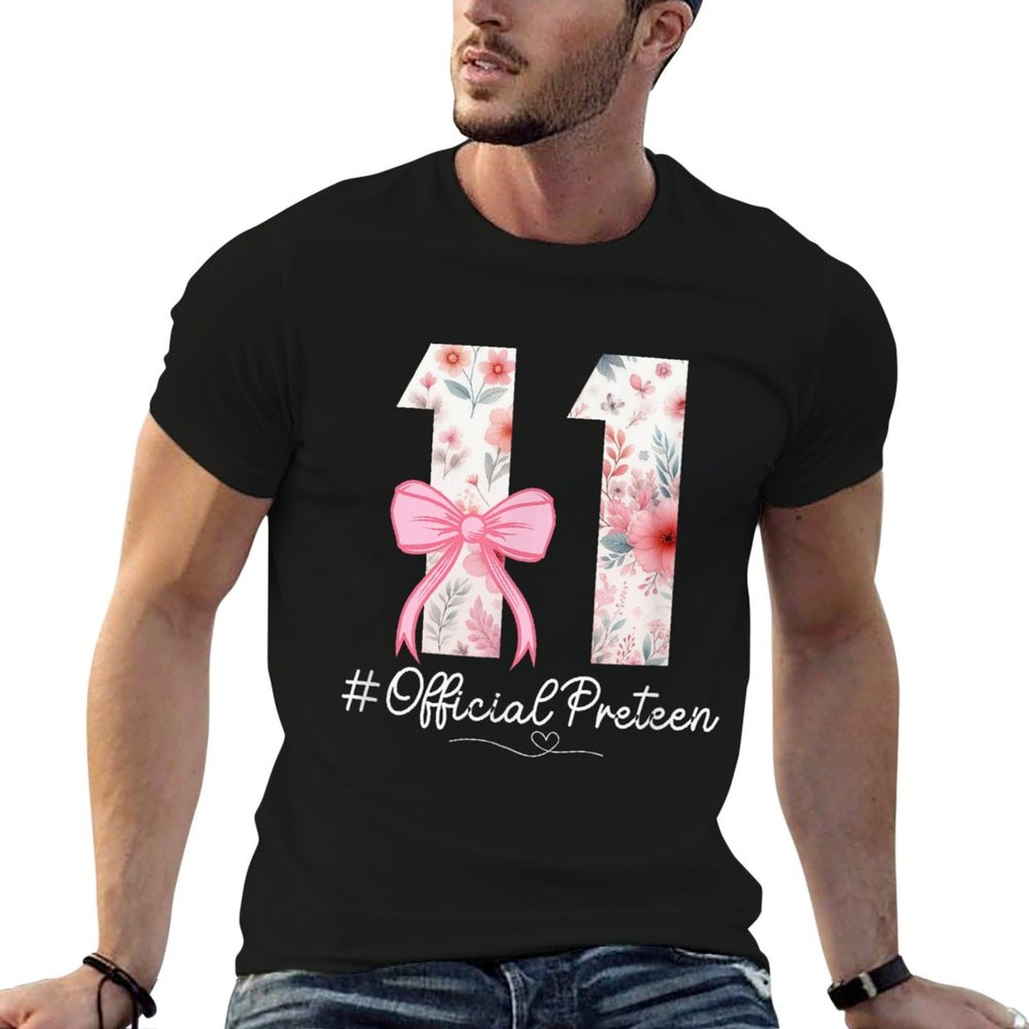 11 Year Old Birthday Girls Coquette Bow 11th Bday Floral  Heathered Texture T-Shirt