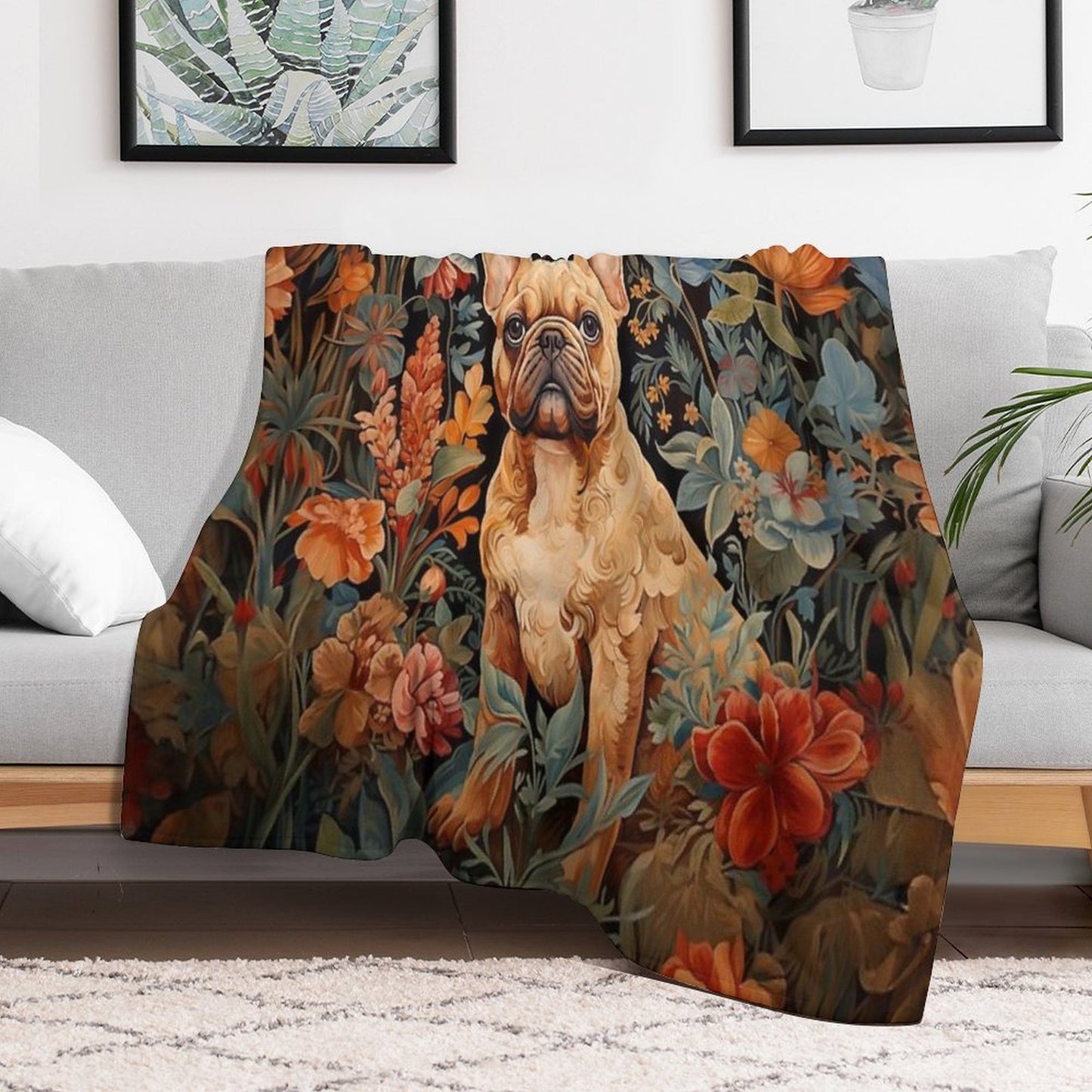 French Bulldog in A William Morris Style Garden Premium Throw Blanket