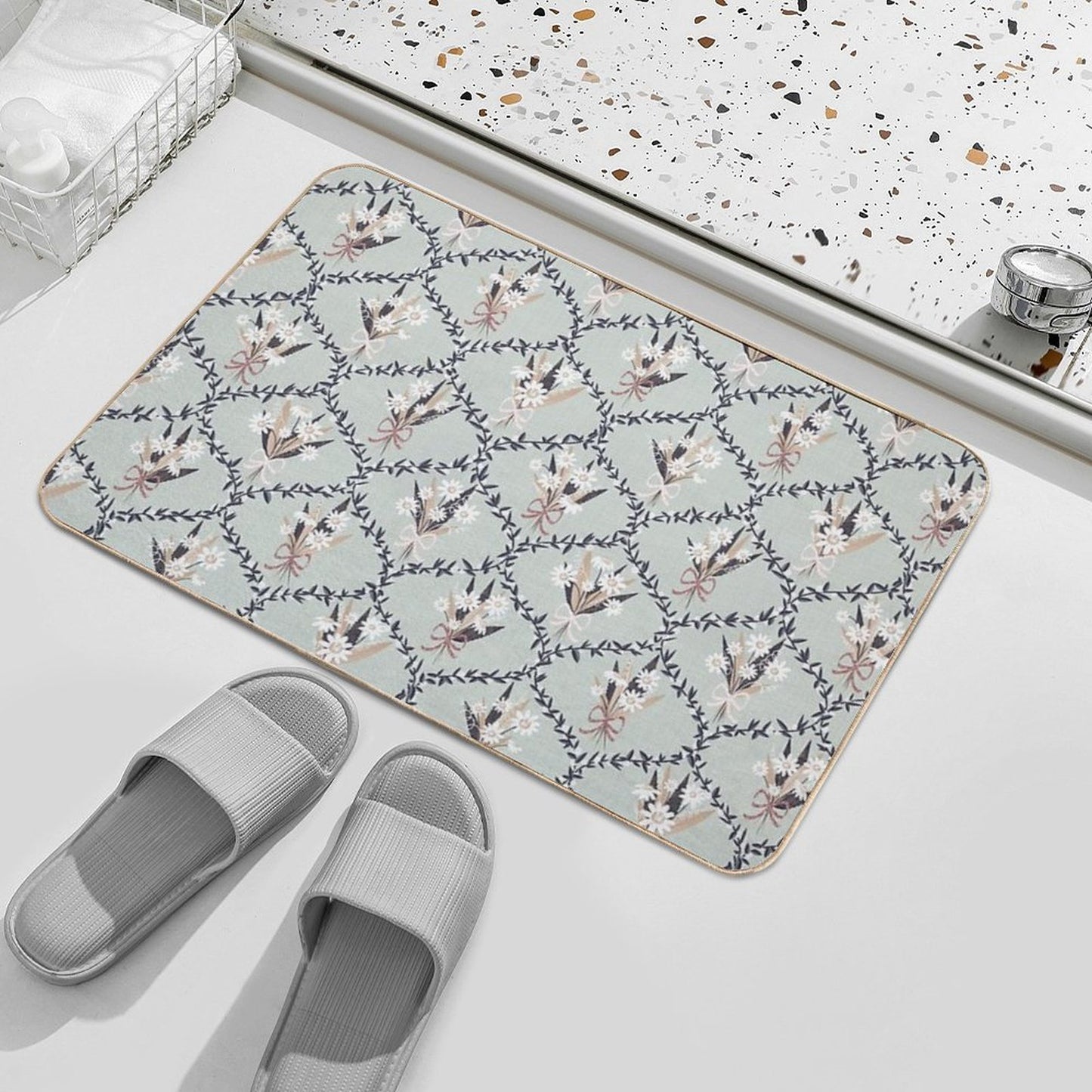 Daisy Bouquet Seamless Pattern – Vintage Floral Wreath Design on Sage Green  Versatile Bath Mat