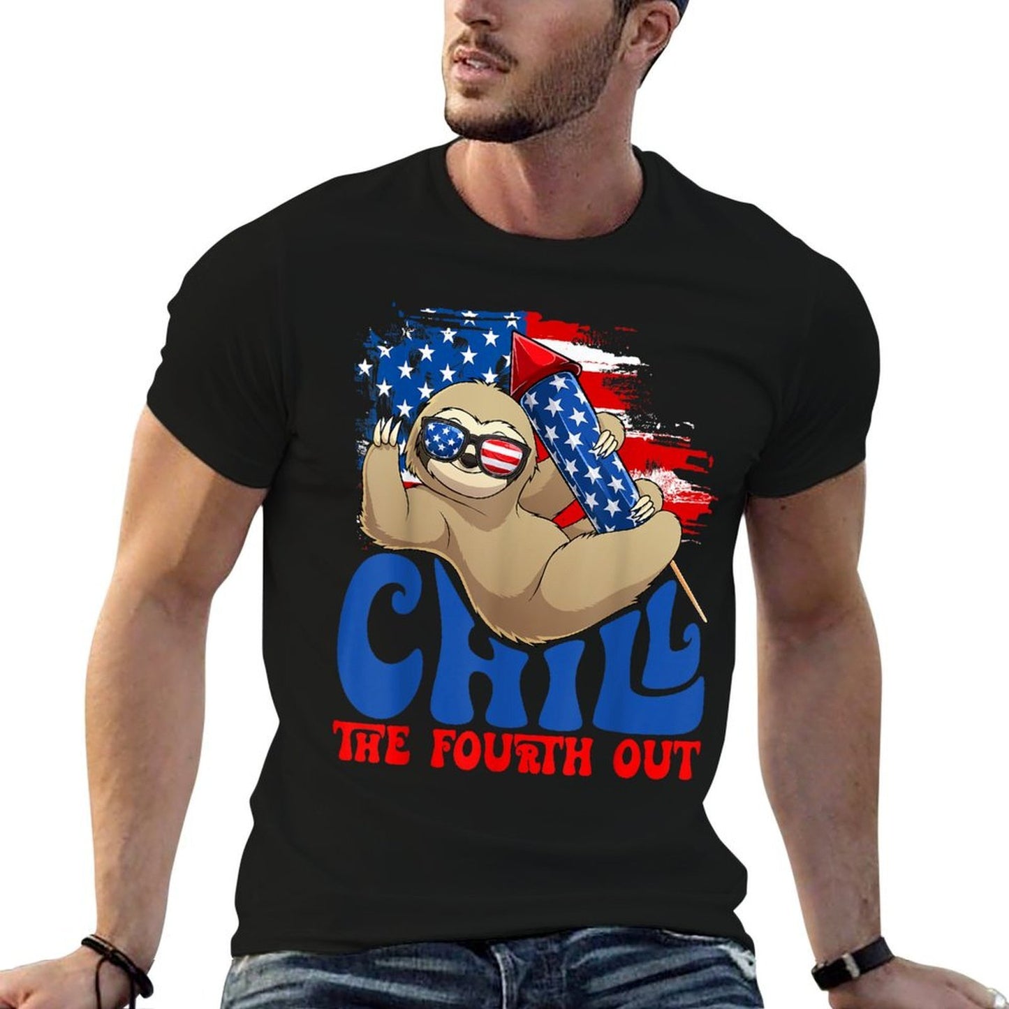Chill The Fourth Out Sloth USA Independence 4th Of July  Rolled Sleeves T-Shirt